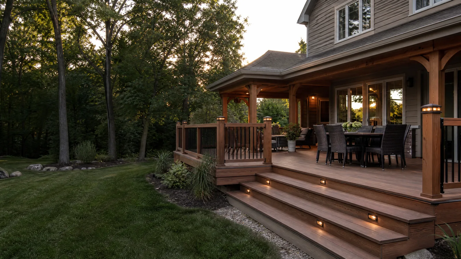 Finished backyard deck with dining area at a Minnesota home