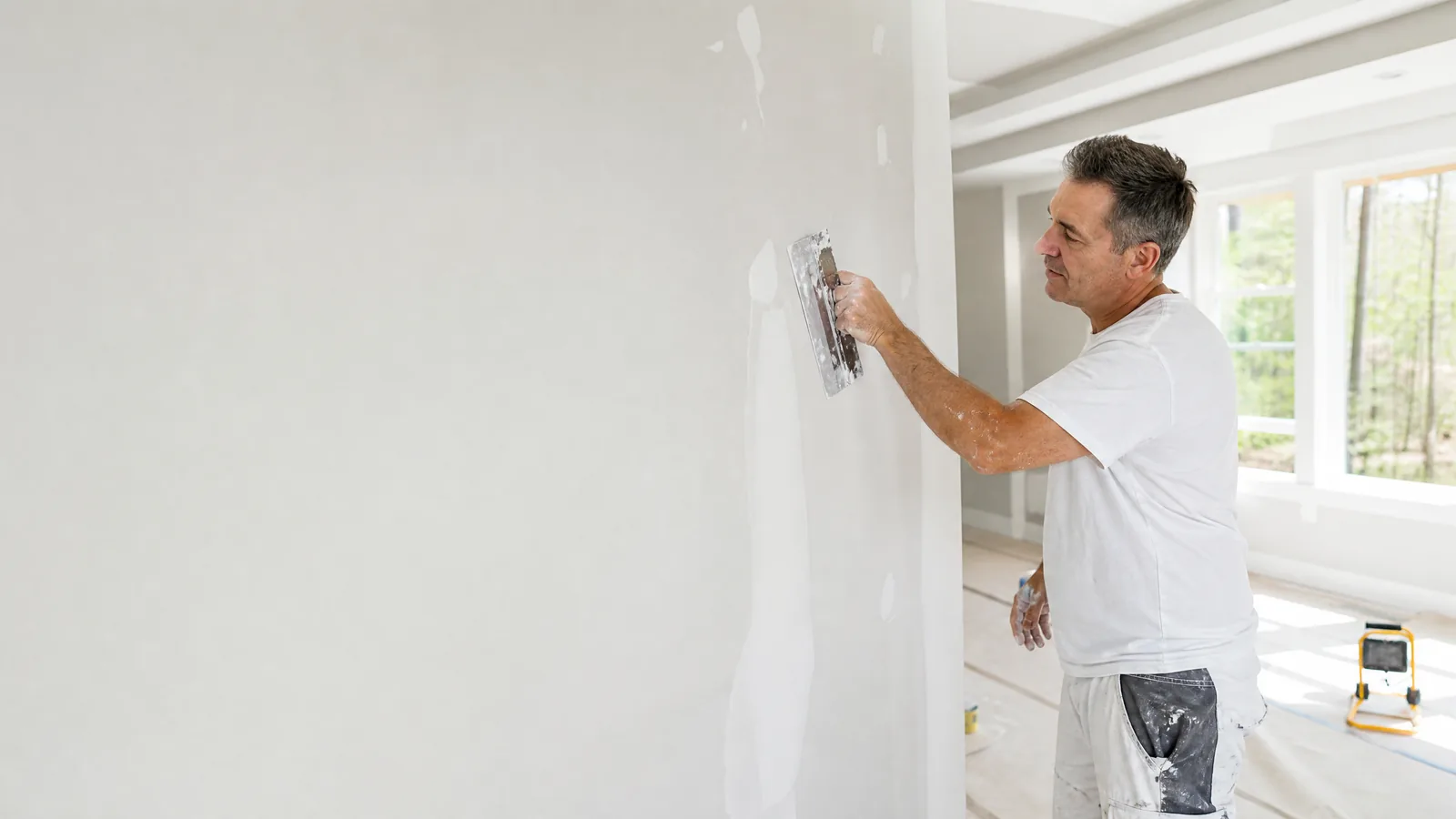 Drywall finisher applying joint compound to an interior wall