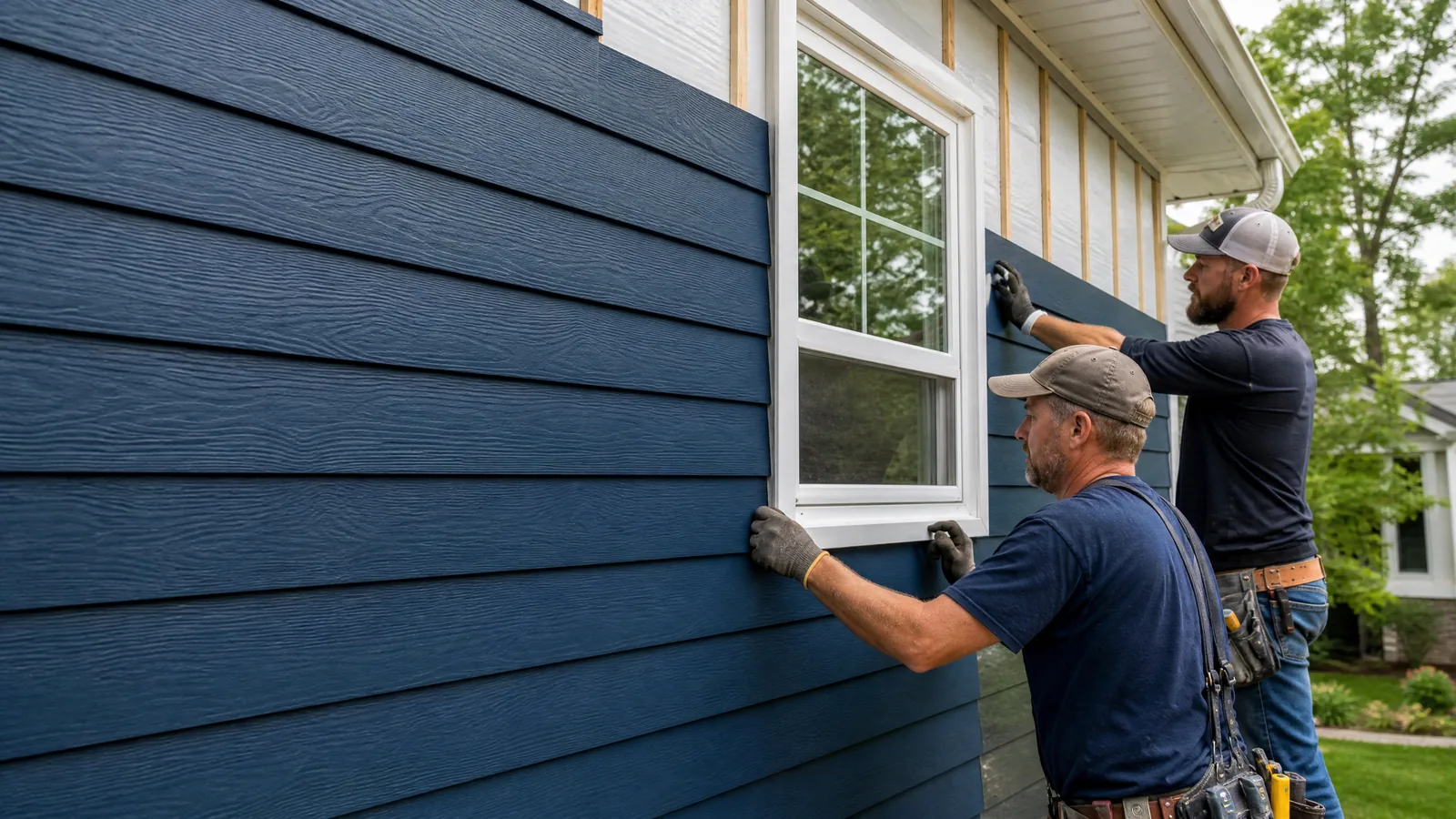Contractors installing blue siding around a white window