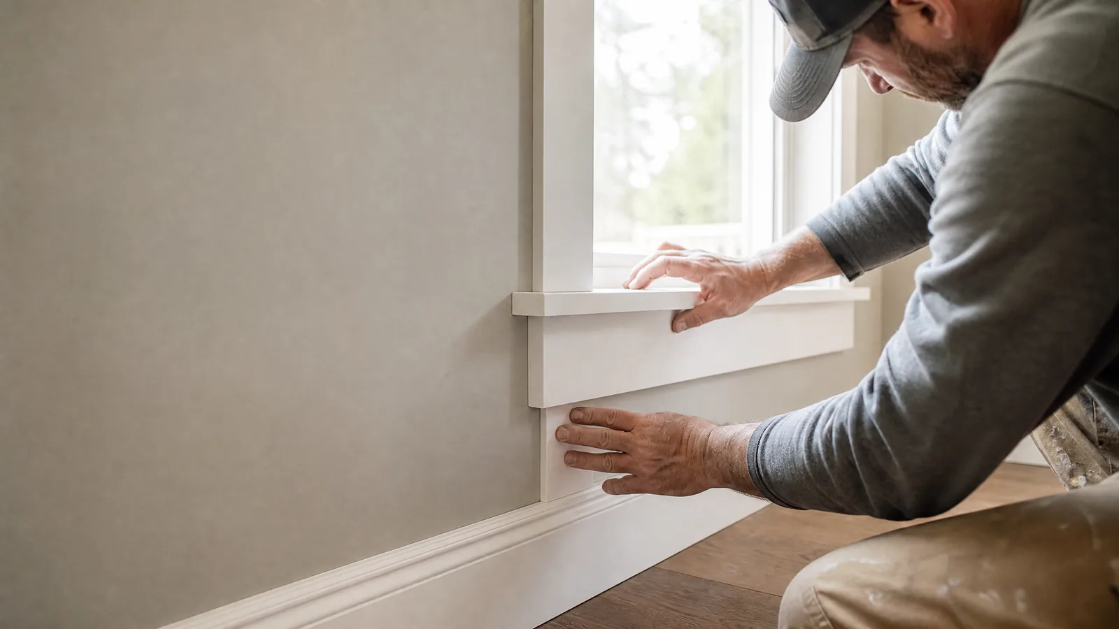 Finish carpenter fitting white window trim in a renovated room