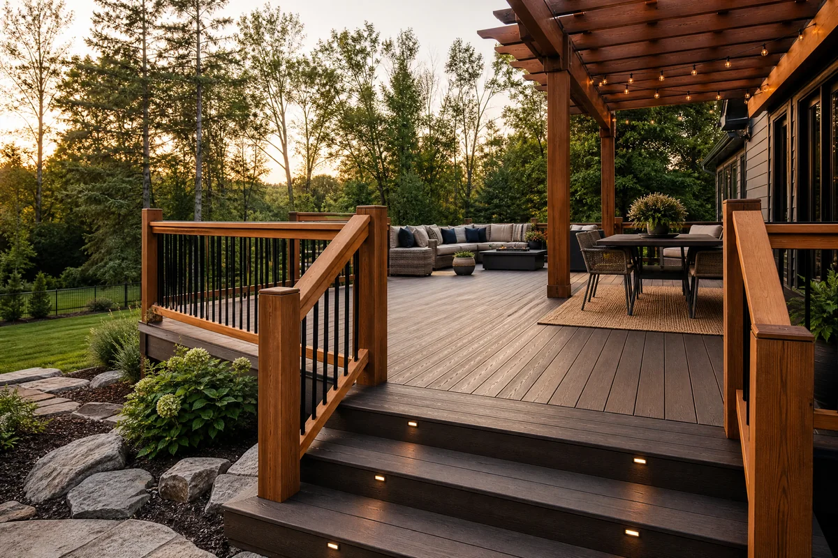 Completed wood deck overlooking a backyard