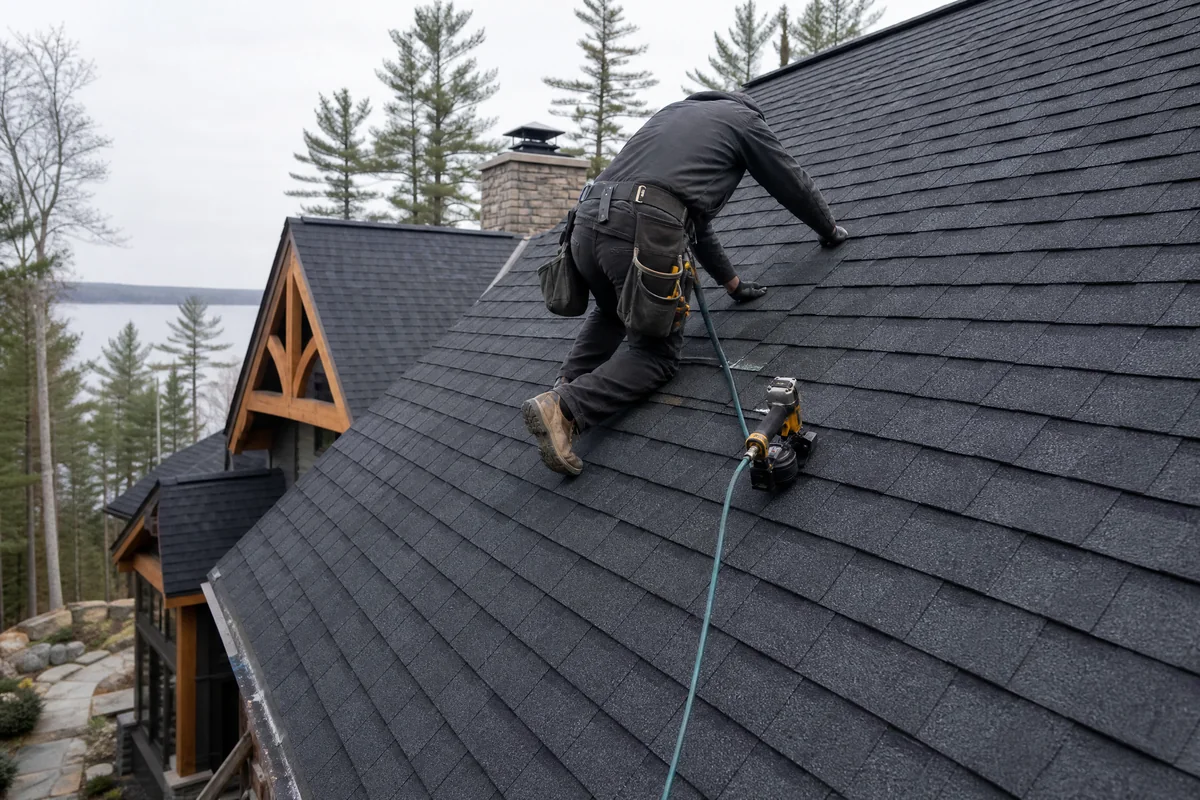Roofing professional working on a residential roof